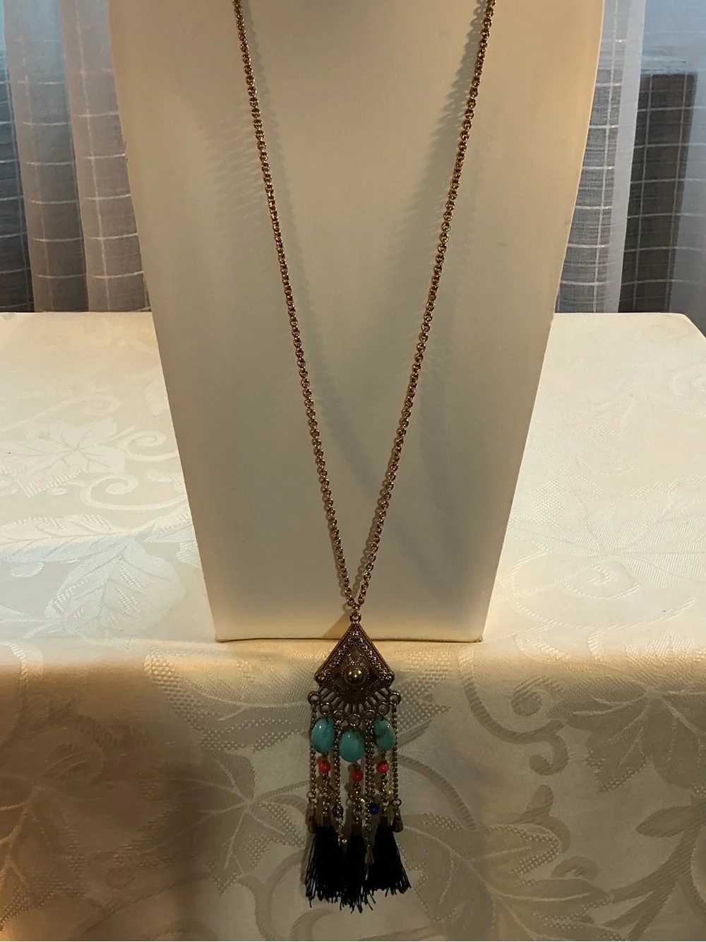 Chandelier Tassel Turquoise Color Coral Blue Bead Gold Tone Necklace